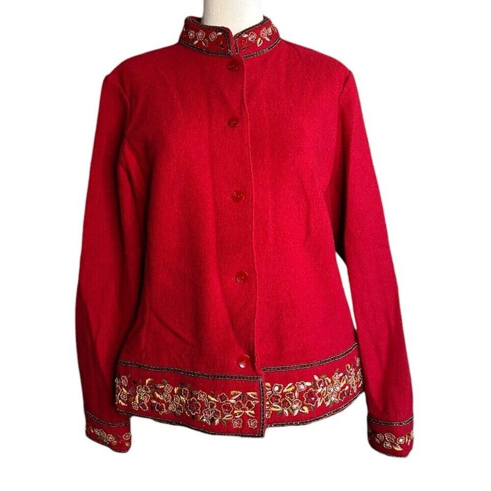 Vintage Talbots Red Boiled Wool Sweater Jacket Beaded Collar Button Front Sz PL